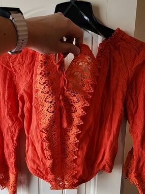 Orange Crochet-Trim Peasant Top